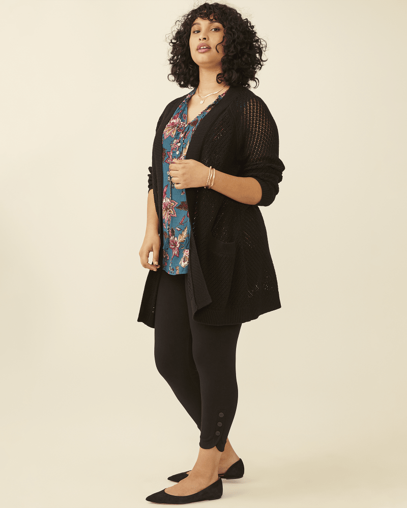 Plus size model with hourglass body shape wearing Sara Open-Front Knit Cardigan by Molly&Isadora | Dia&Co | dia_product_style_image_id:177989